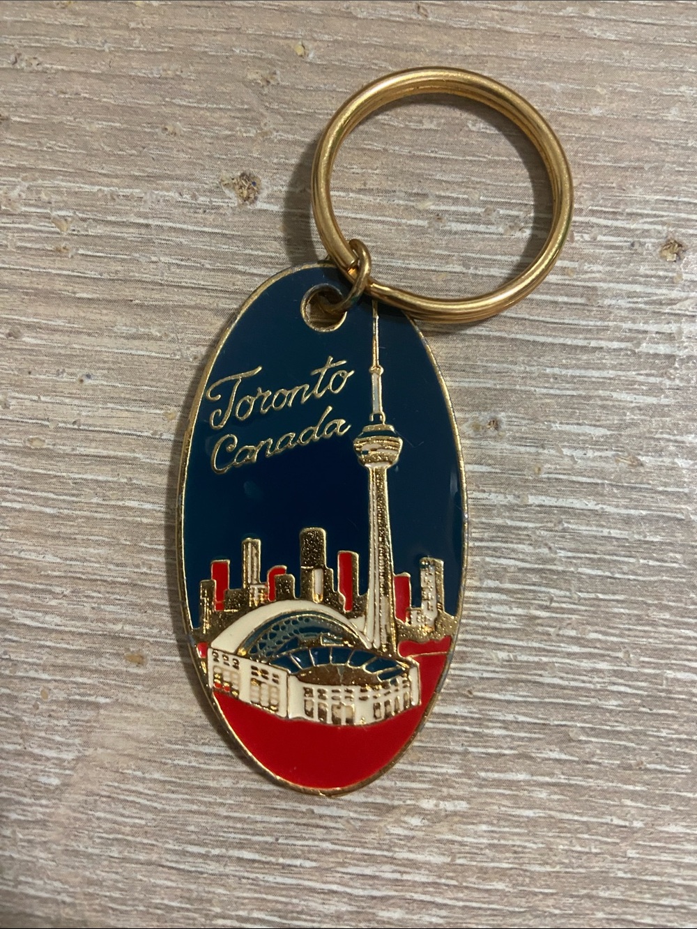 Vintage Toronto Canada Skyline Enamel Keychain - Blue & Red